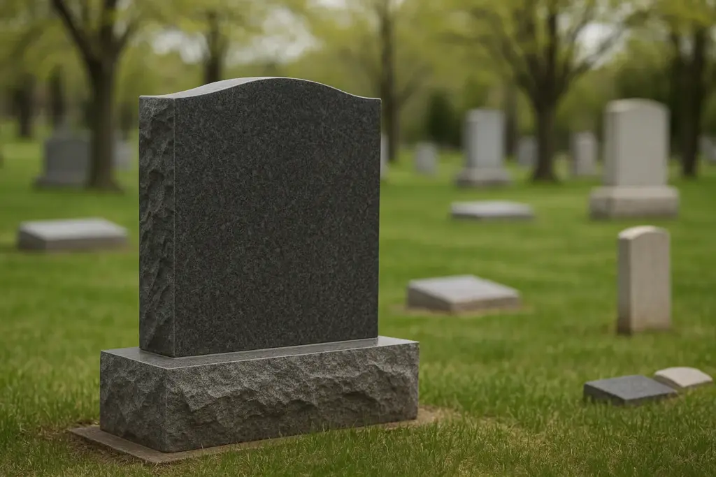 Polished dark gray granite headstone standing on a rough granite base in a peaceful cemetery, surrounded by green grass, blurred gravestones, and trees in the background.