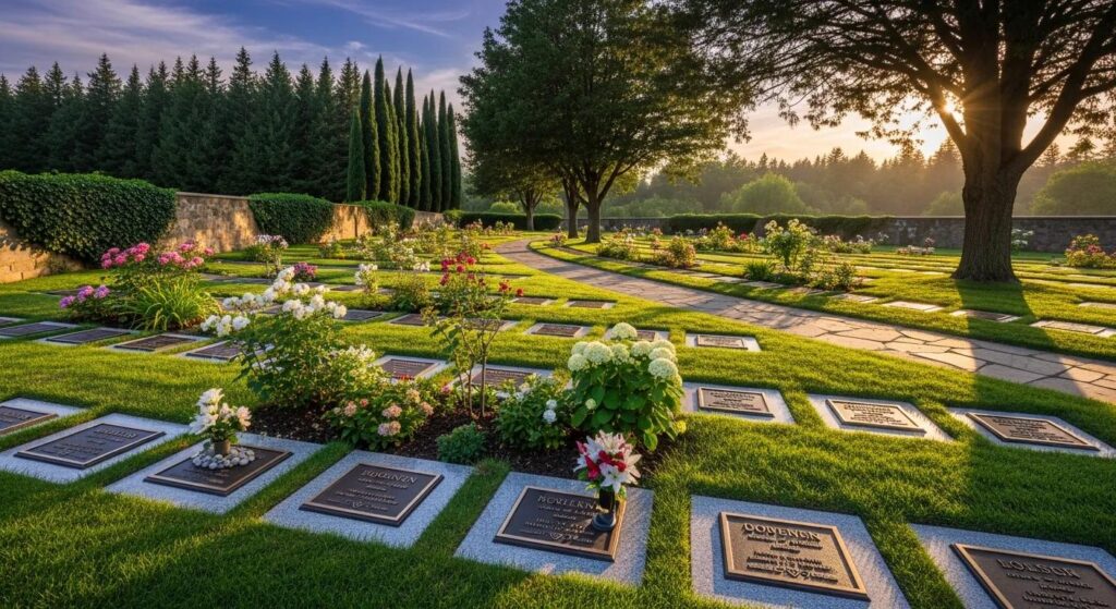 Peaceful cemetery with affordable flat granite markers and bronze plaques