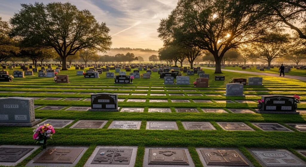 Flat grave markers in a peaceful cemetery, illustrating memorial placement