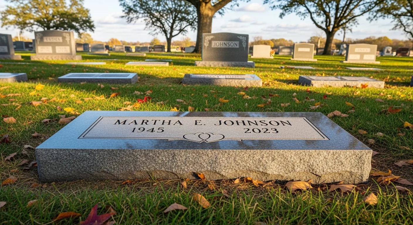 Granite flat grave marker in a peaceful cemetery setting, highlighting affordability and personalization