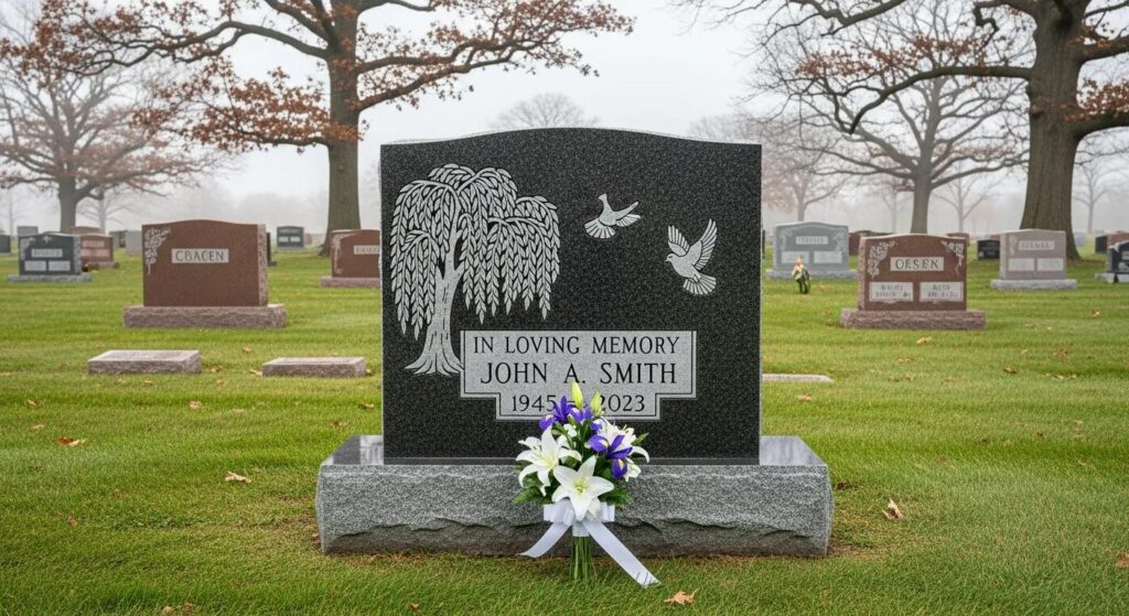 A carefully finished headstone set in a peaceful cemetery, representing remembrance and lasting tribute