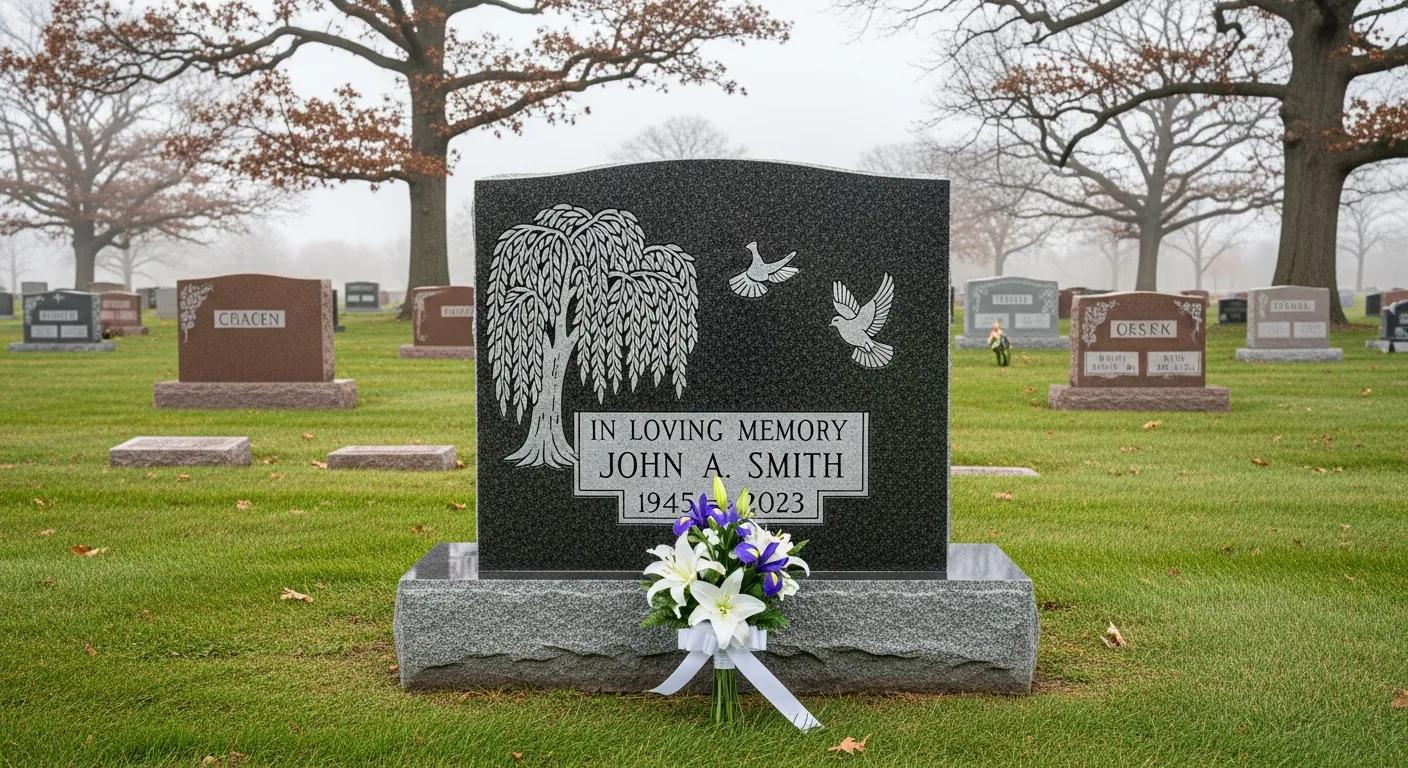 A carefully finished headstone set in a peaceful cemetery, representing remembrance and lasting tribute