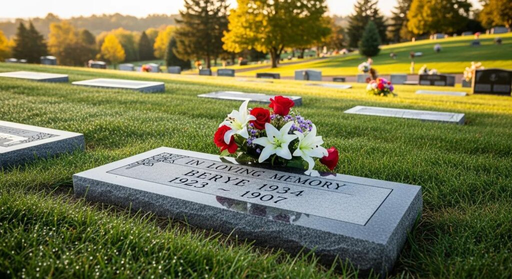 Granite flat marker in a peaceful cemetery, showing an affordable, lasting memorial option
