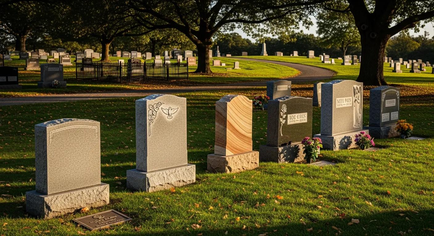 A selection of headstone styles in a peaceful cemetery, showing affordable choices and design options