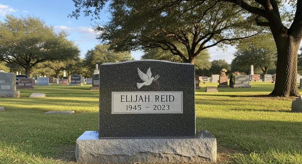 Granite headstone in a peaceful cemetery setting, symbolizing durability and memorialization