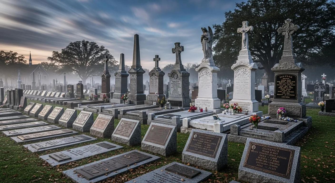 Various grave marker styles, including flat markers, upright headstones, bevel and slant markers