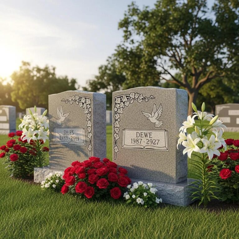 Companion headstones in a serene cemetery setting symbolizing unity and shared legacy