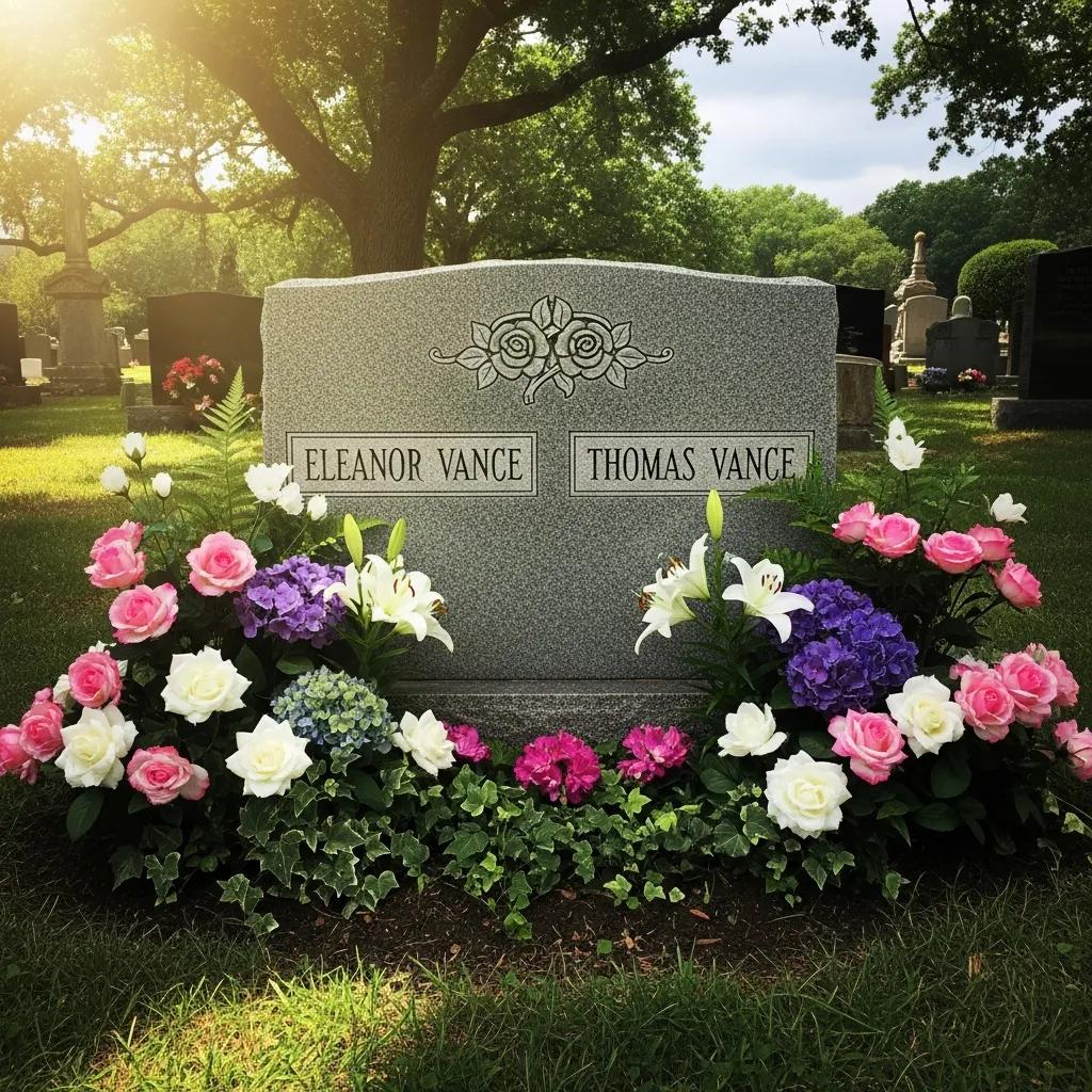 A companion memorial and bench surrounded by flowers, creating a shared place of remembrance