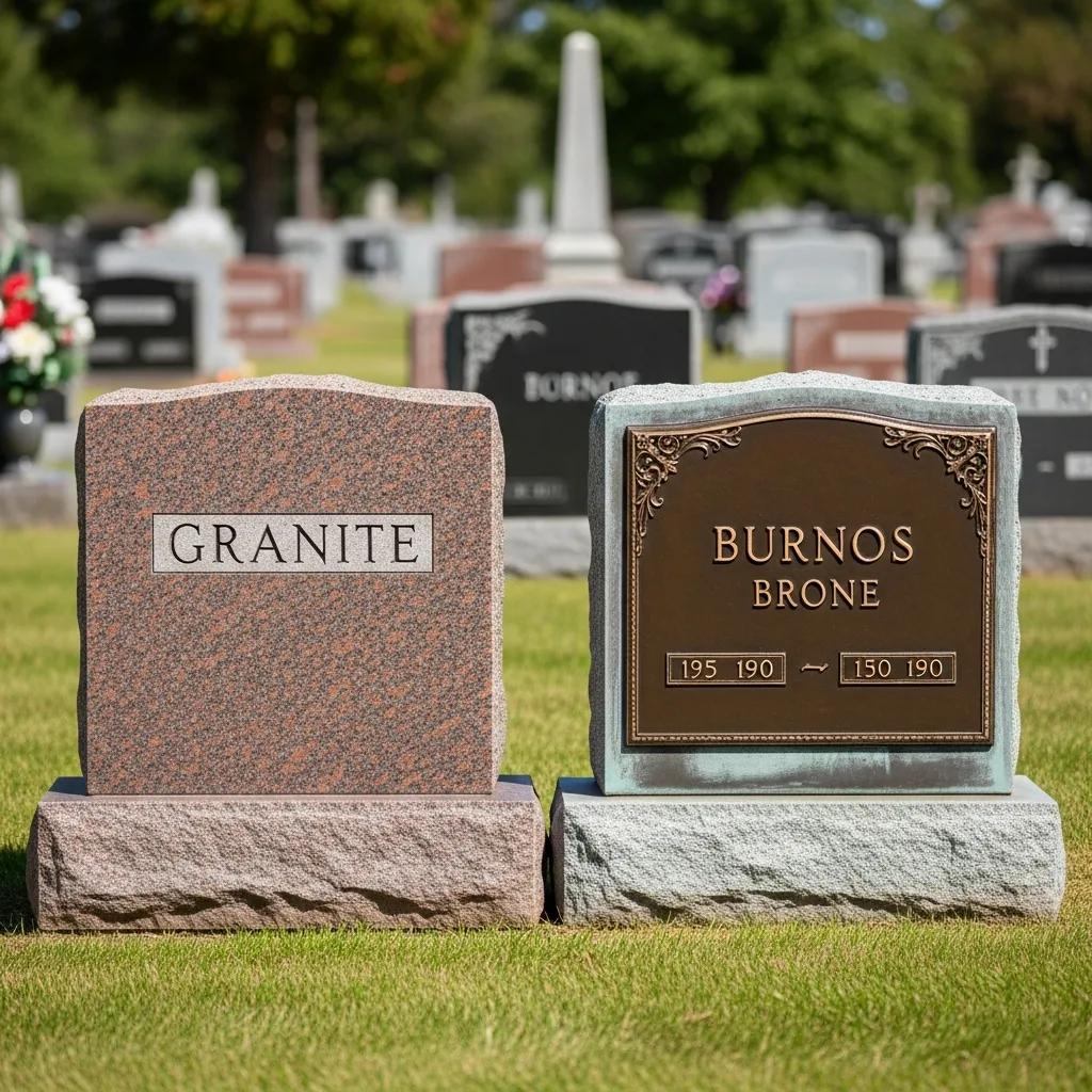 Granite and bronze memorials side by side showing texture and finish differences