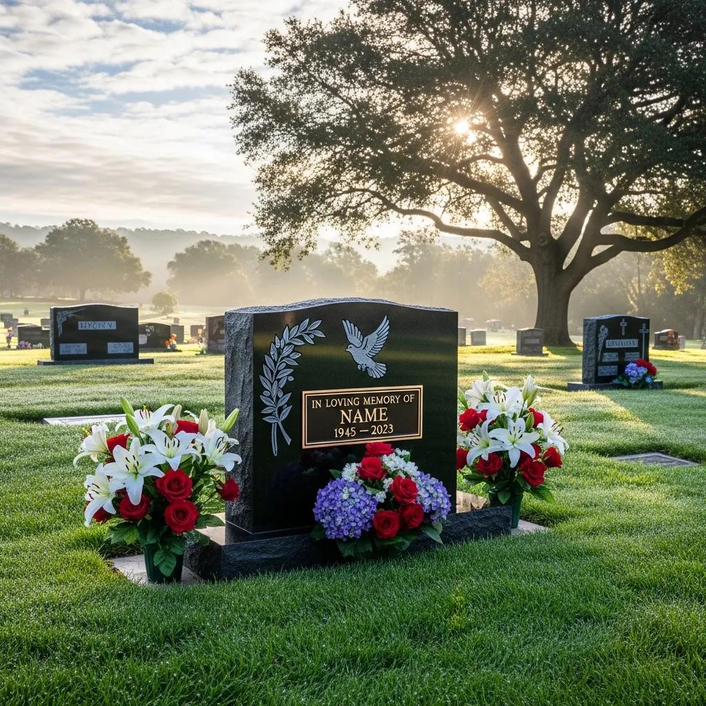 Cremation headstone in a tranquil cemetery setting, symbolizing remembrance and honor