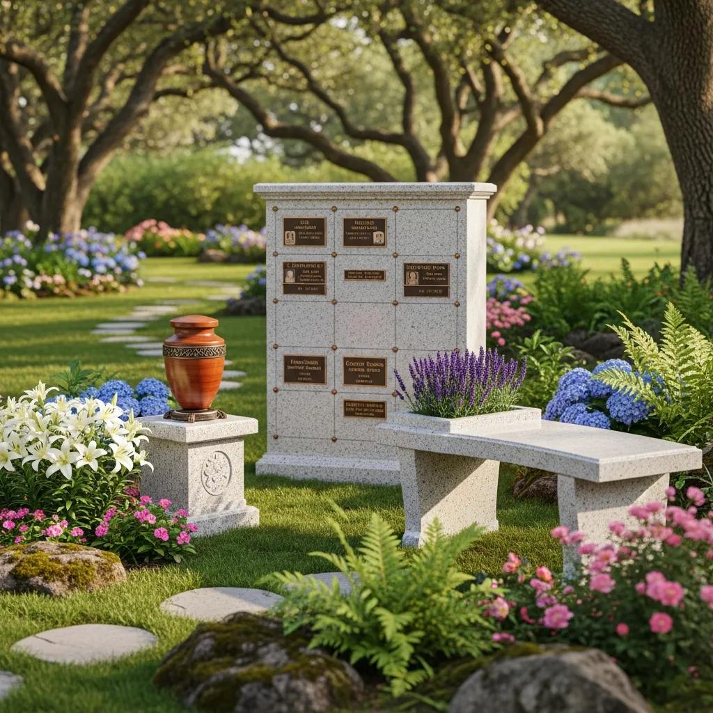 Cremation memorial options such as an urn, a columbarium wall, and a memorial bench in a peaceful garden