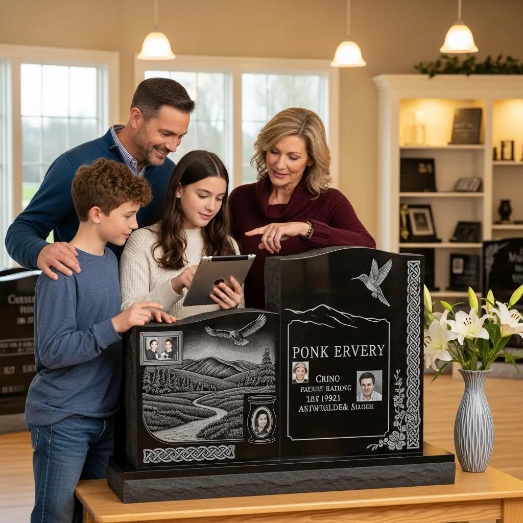 Family reviewing personalization choices for a companion headstone