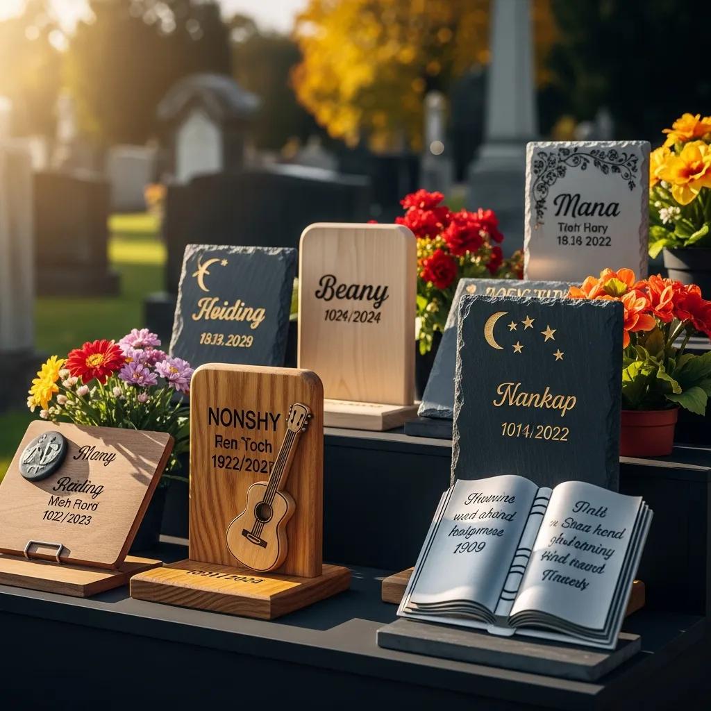 Personalized temporary markers with engraved names and symbols, reflecting individual stories