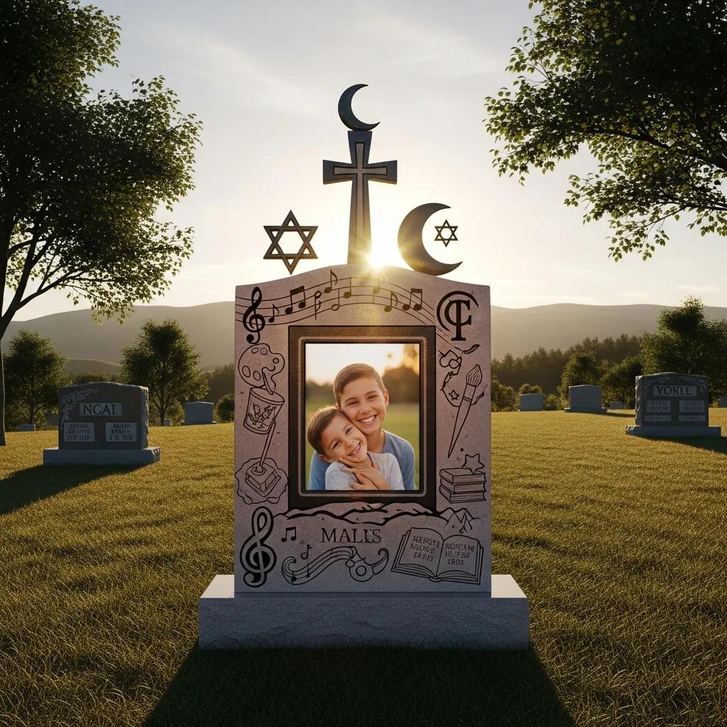 Upright headstone with photo plaque and engraved religious symbols