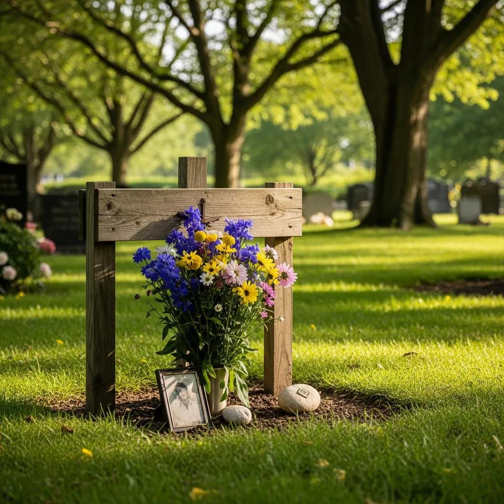 Temporary grave marker in a serene cemetery setting, symbolizing remembrance and honoring loved ones