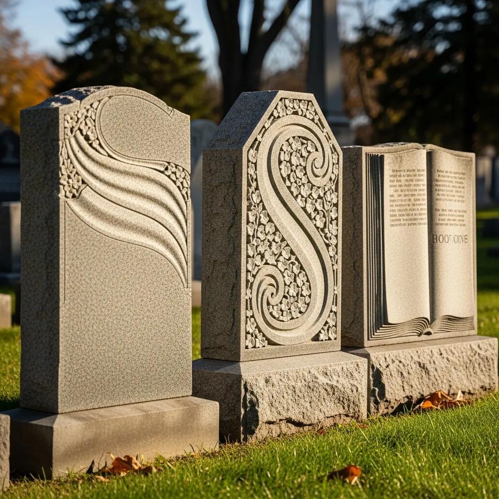 Serpentine, ogee, and book-shaped upright headstones in a well-kept cemetery