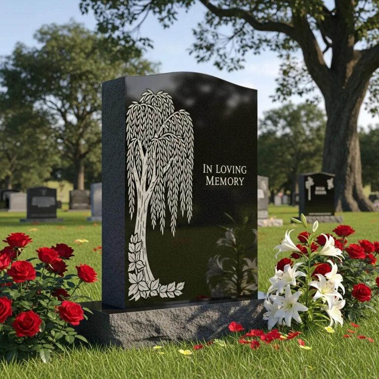 Upright headstone in a serene cemetery setting with flowers and greenery