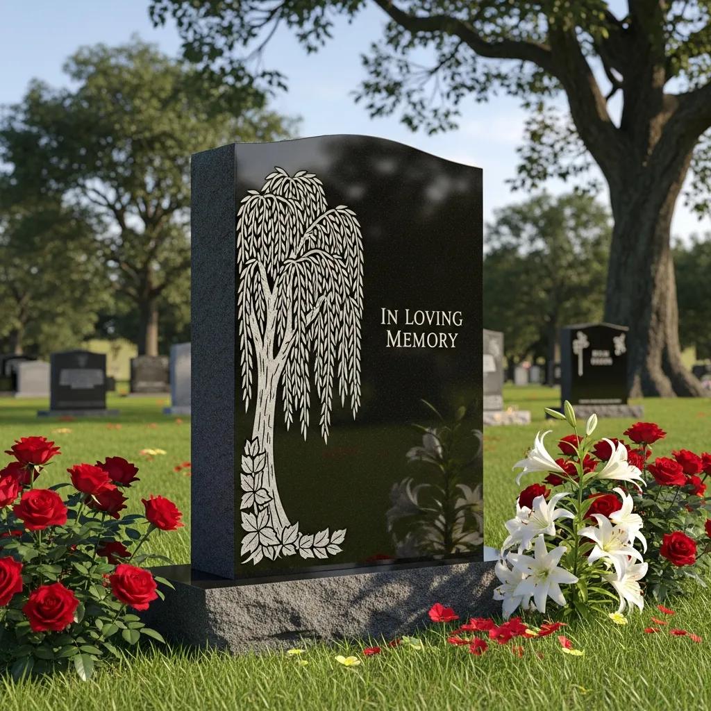 Upright headstone in a serene cemetery setting with flowers and greenery