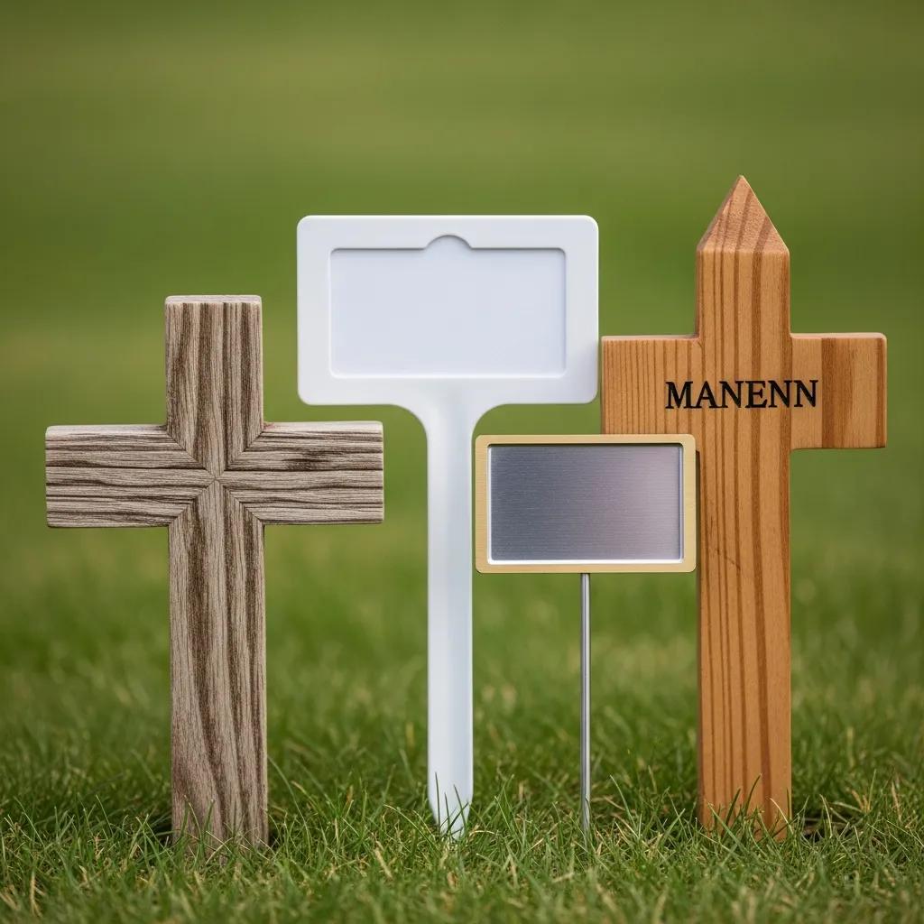 Selection of temporary markers made from wood, plastic, and metal, illustrating common material choices