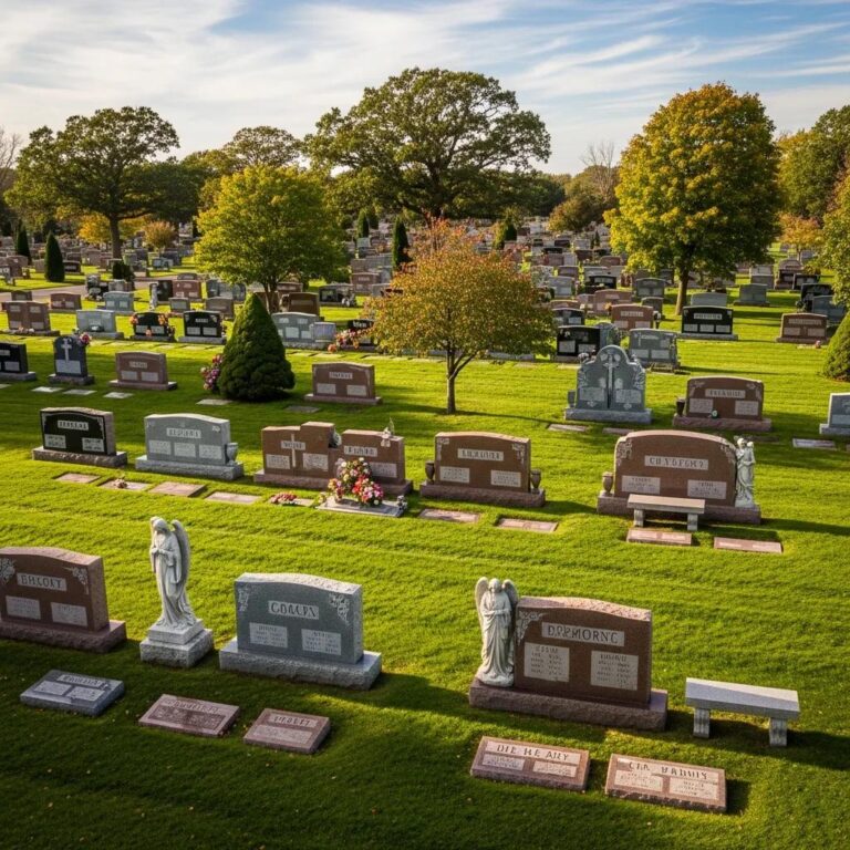 Various memorial styles in a peaceful cemetery setting, showcasing flat granite markers and upright headstones