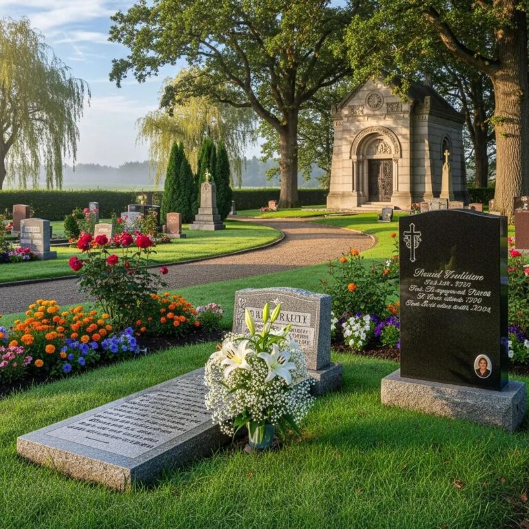 Various types of memorials in a peaceful cemetery setting, showcasing traditional grave markers and mausoleums