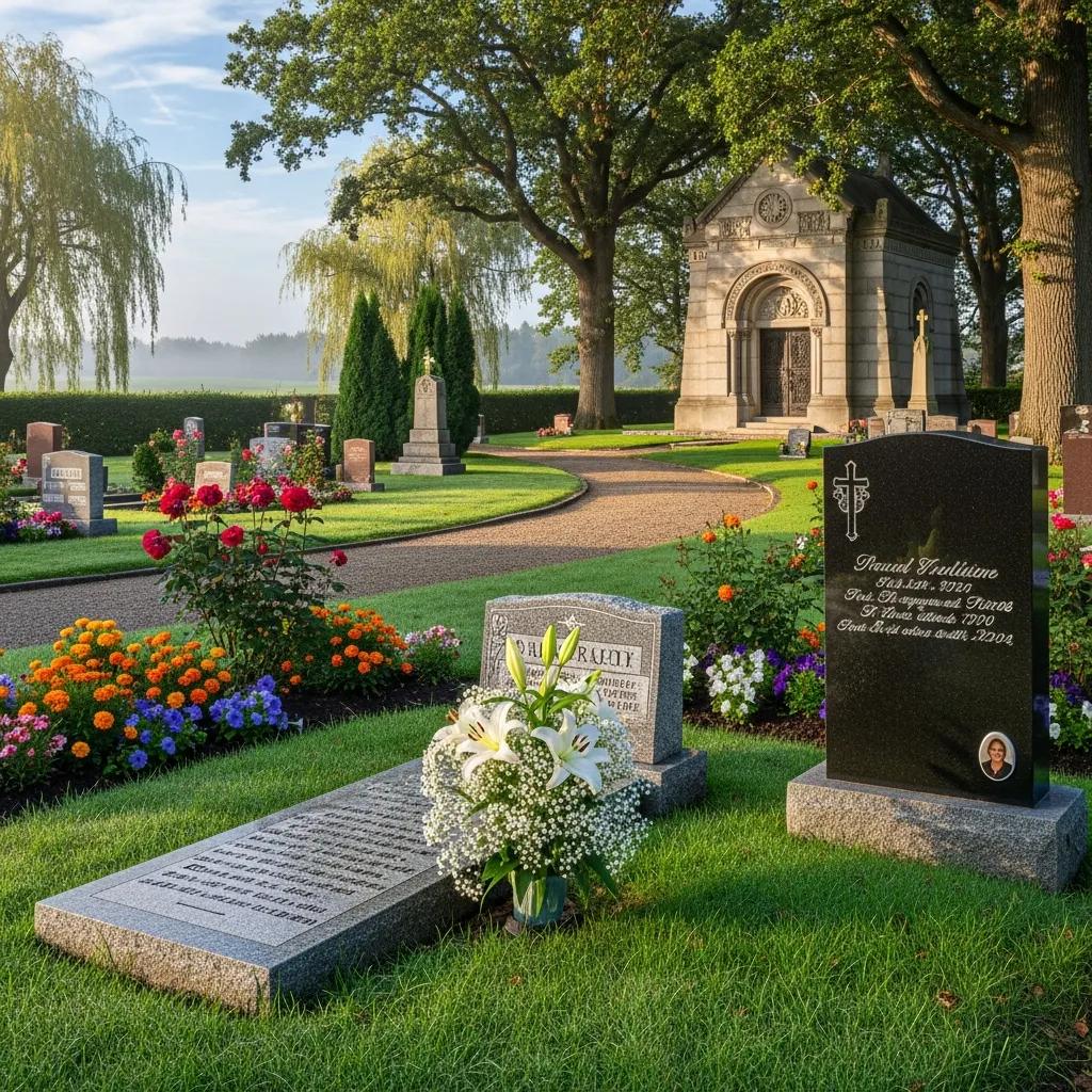 Various types of memorials in a peaceful cemetery setting, showcasing traditional grave markers and mausoleums