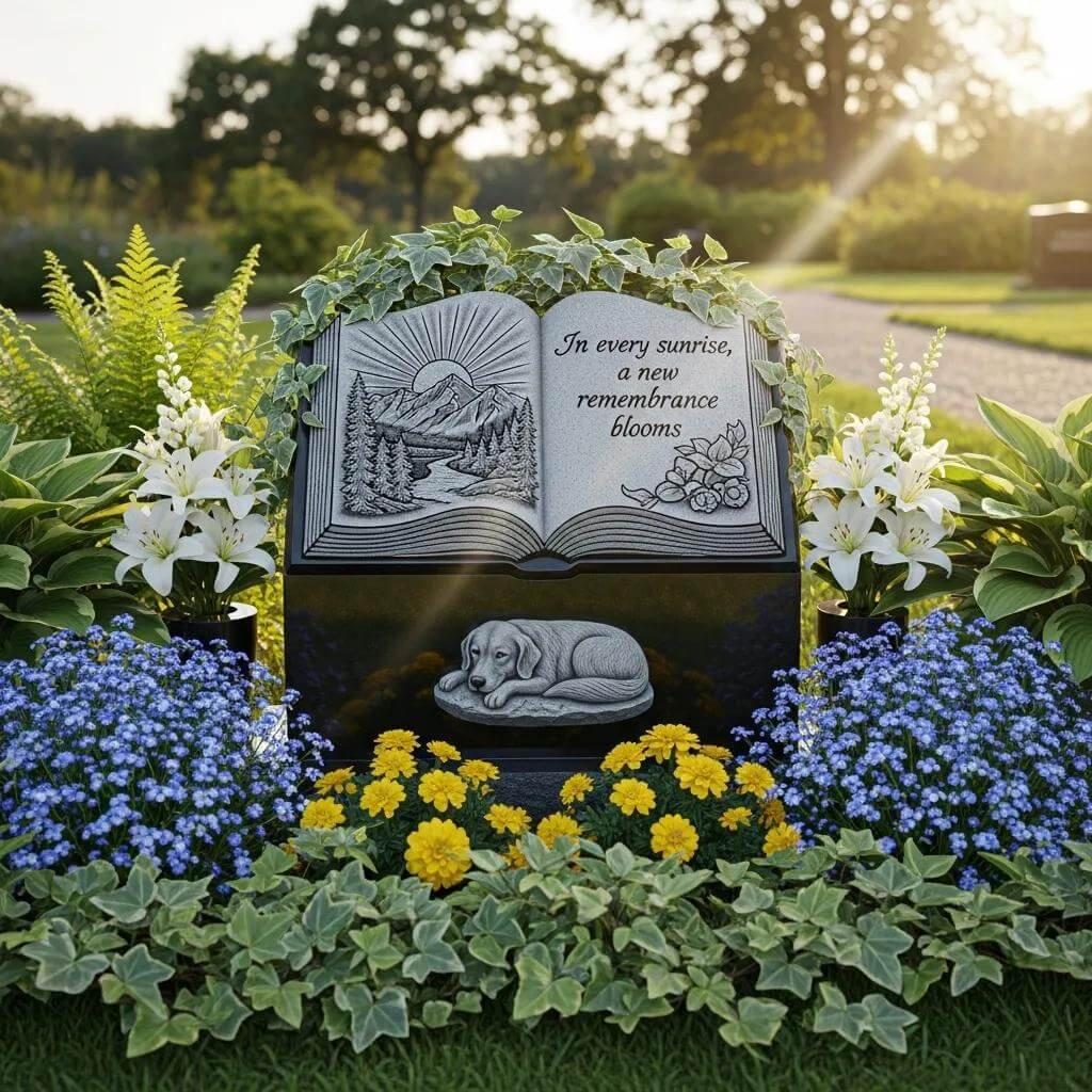 Custom grave marker in a tranquil garden setting, showcasing modern memorial design trends