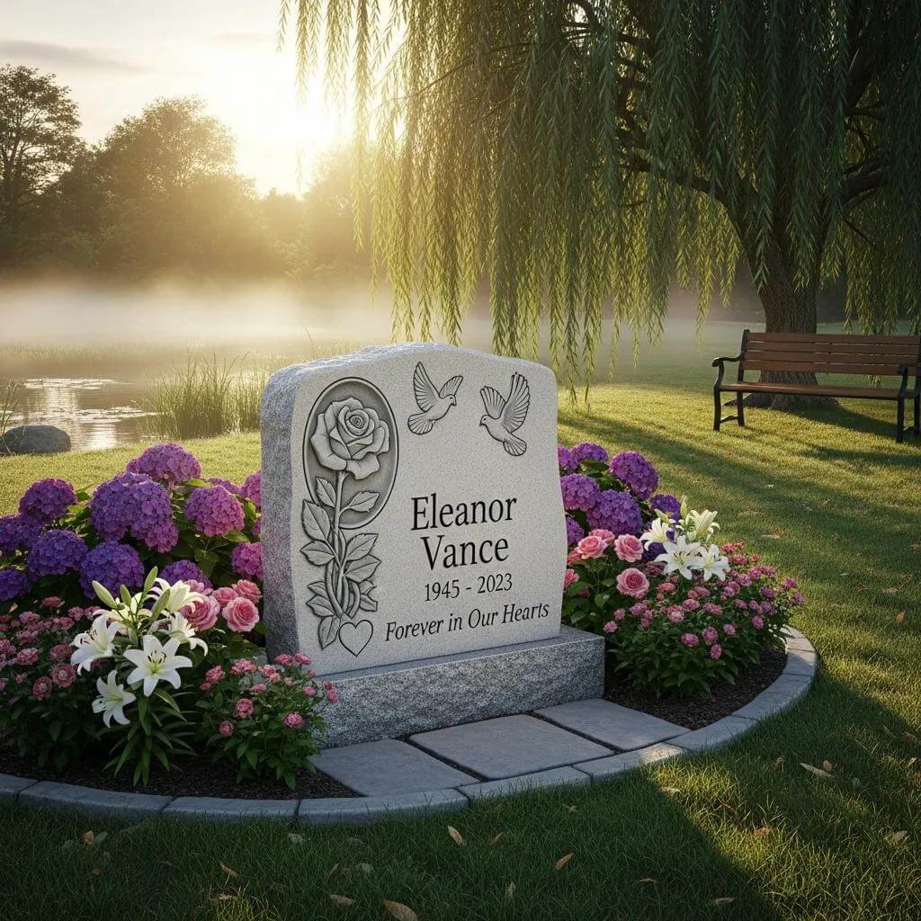 Custom memorial stone surrounded by flowers, symbolizing remembrance and honoring loved ones
