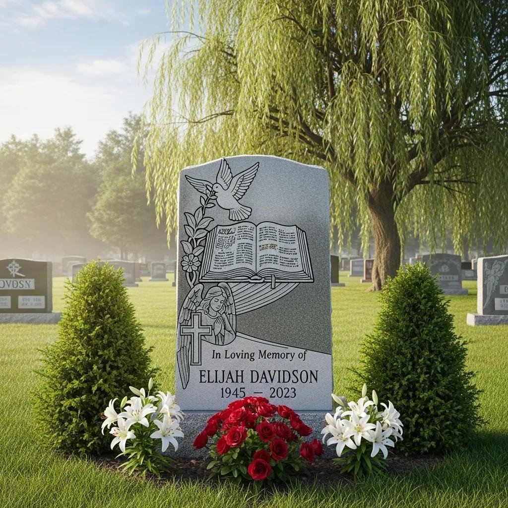 Custom religious headstone in a serene cemetery setting with lush greenery and flowers