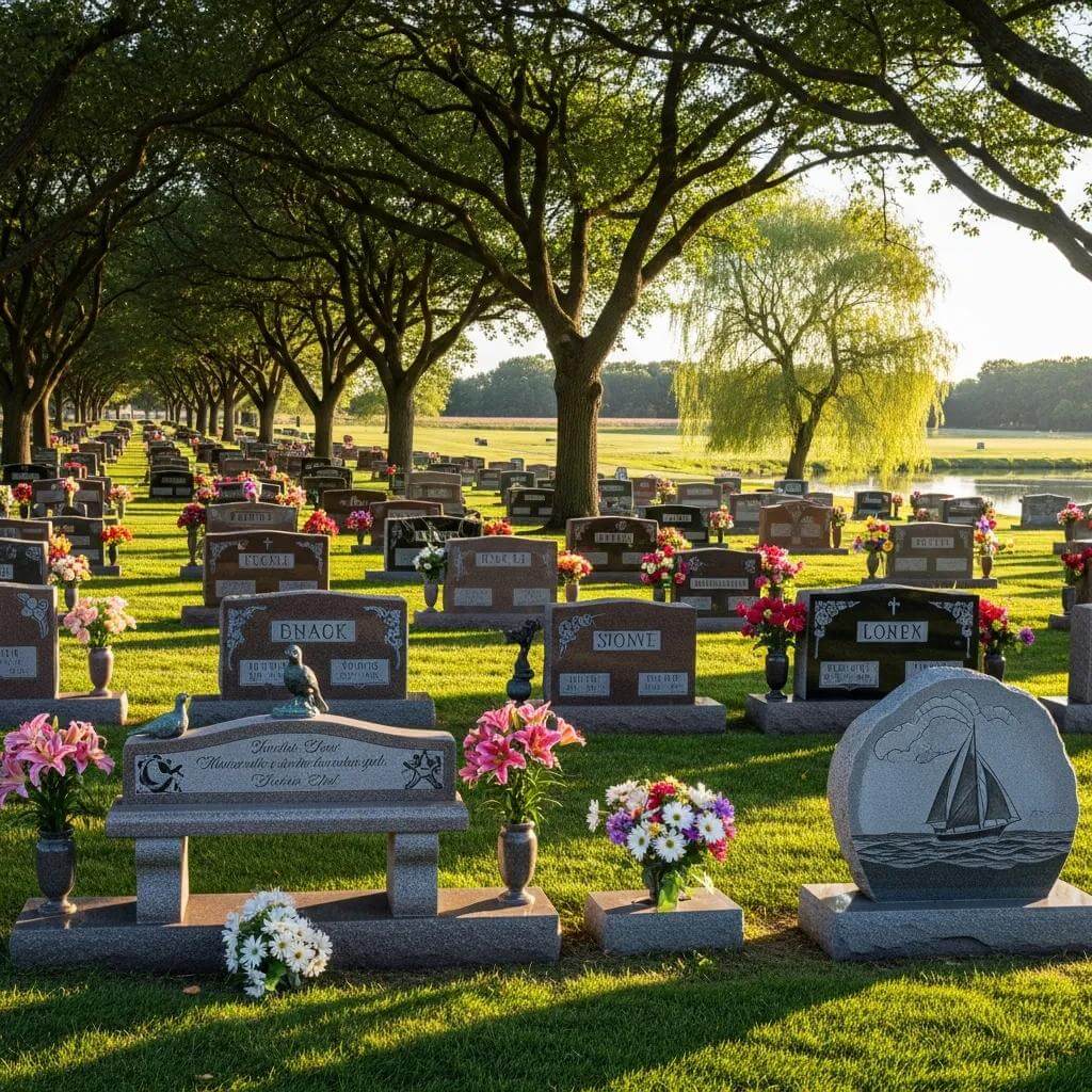 Diverse grave markers in a tranquil cemetery setting, showcasing the importance of memorialization