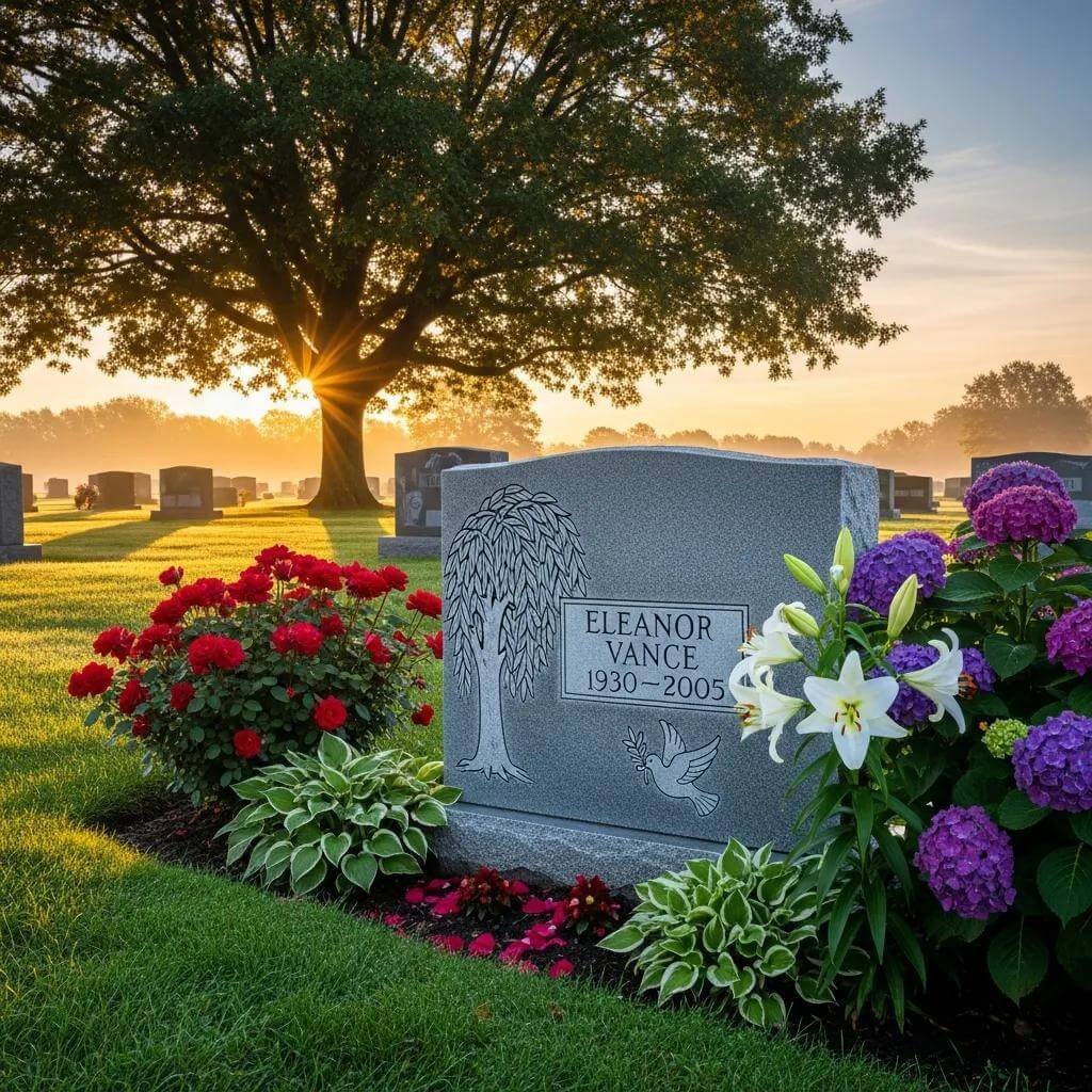 Elegant headstone in a serene cemetery setting surrounded by flowers and greenery