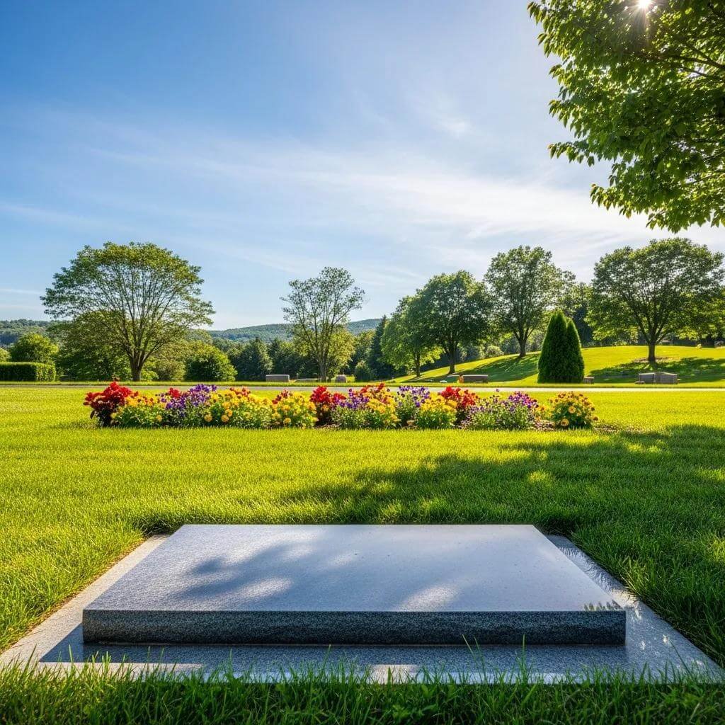 Flat grave marker in a serene cemetery setting, symbolizing respect and remembrance