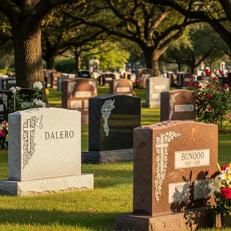 Variety of granite headstones in different colors and finishes in a peaceful cemetery setting
