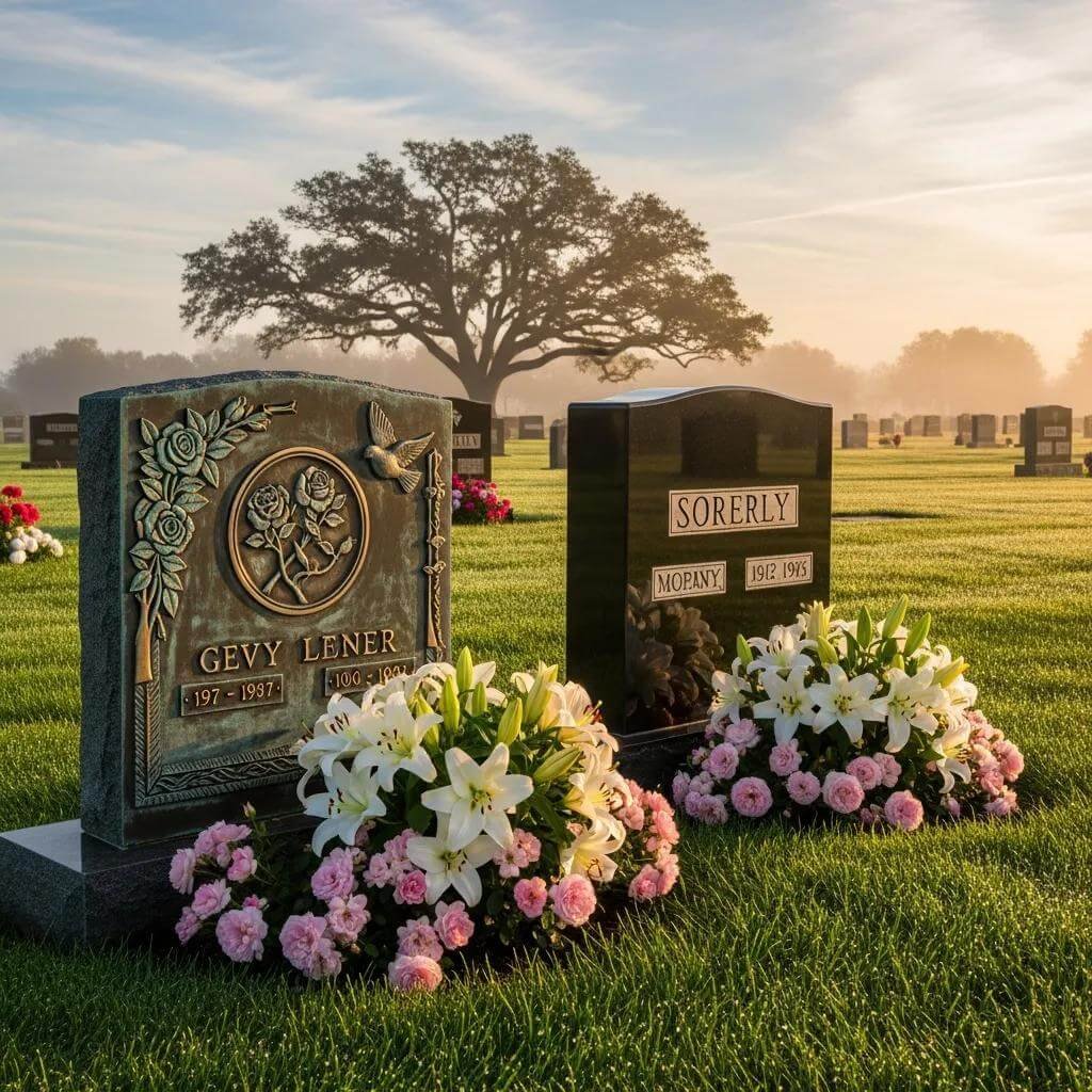 Bronze and granite grave markers in a serene cemetery setting, highlighting durability and beauty