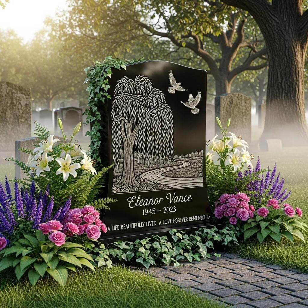 Custom grave marker in a serene cemetery setting, showcasing granite design and floral surroundings