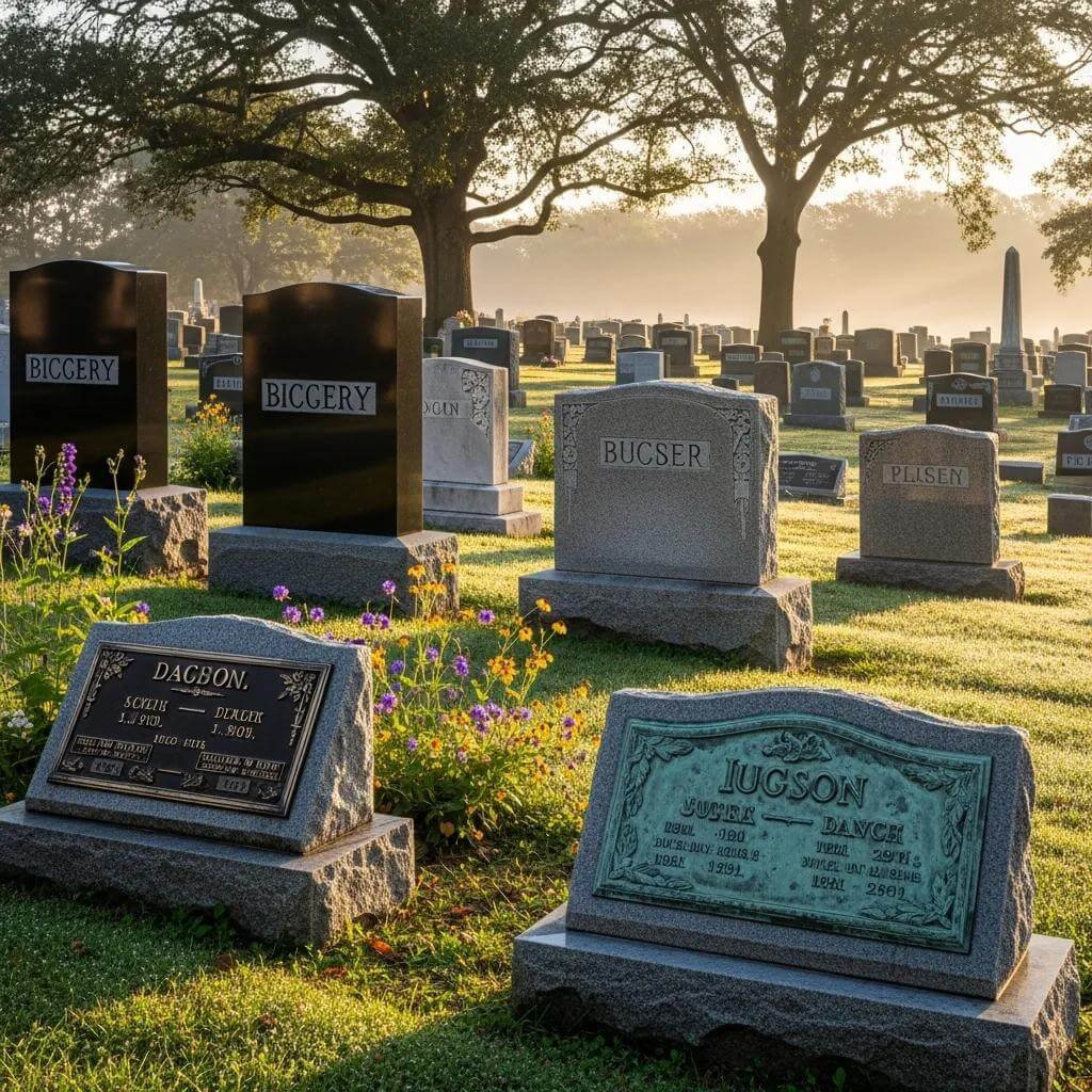 Diverse grave markers in a peaceful cemetery setting, highlighting granite, bronze, and marble materials