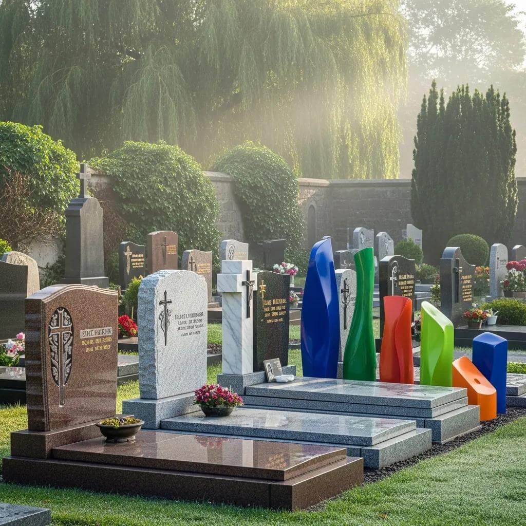 Natural stone and synthetic grave markers in a serene cemetery setting