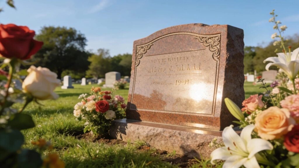 Durable granite grave marker amid vibrant flowers and greenery in a peaceful cemetery