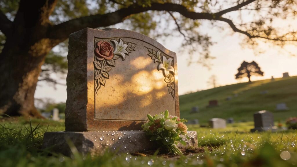 Custom grave marker surrounded by greenery, symbolizing remembrance and personalization