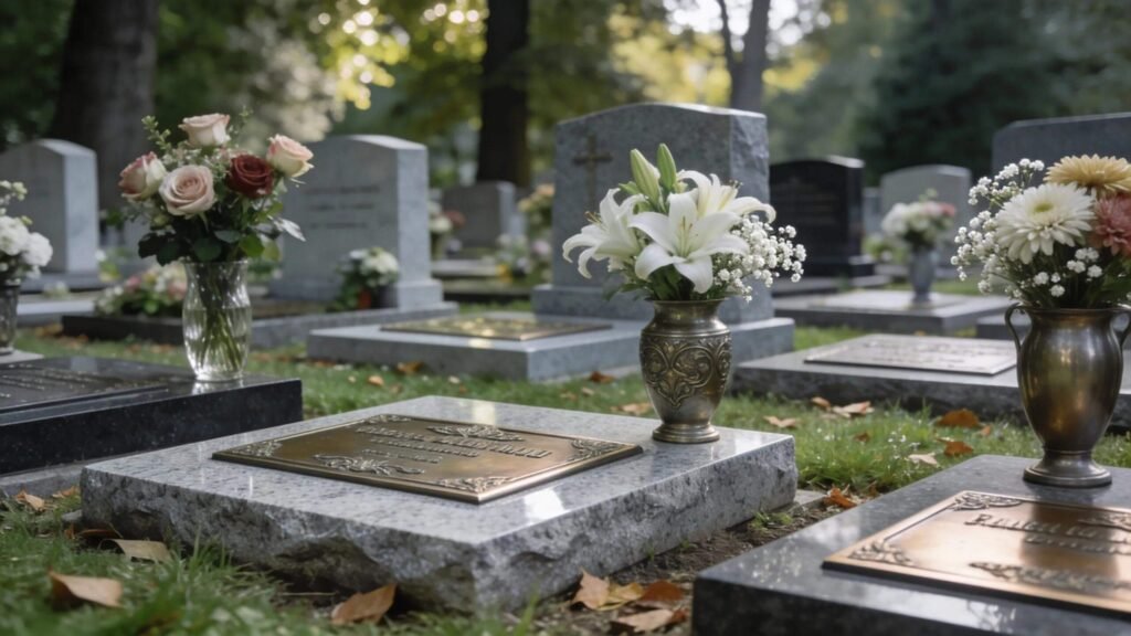 Custom grave markers in a cemetery with floral decorations, symbolizing personalized memorial tributes