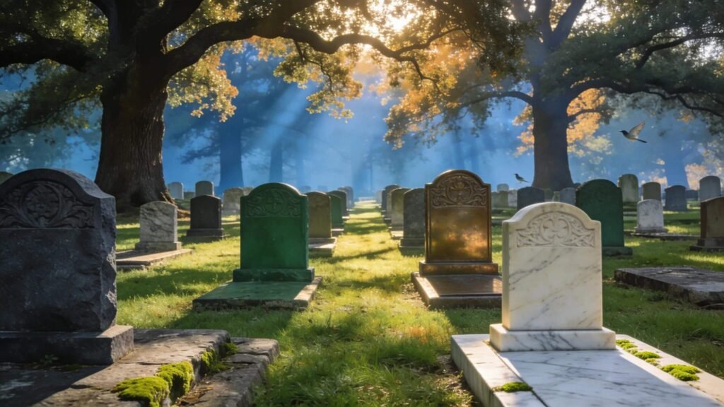Various durable grave markers in a peaceful cemetery setting