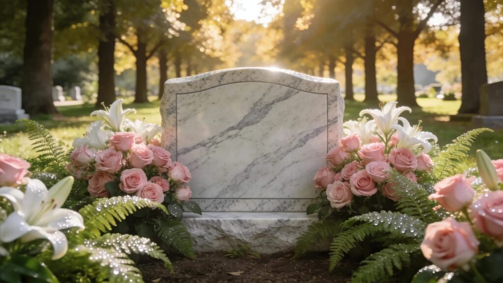 Granite grave marker in a serene cemetery surrounded by flowers and greenery, symbolizing durability and beauty