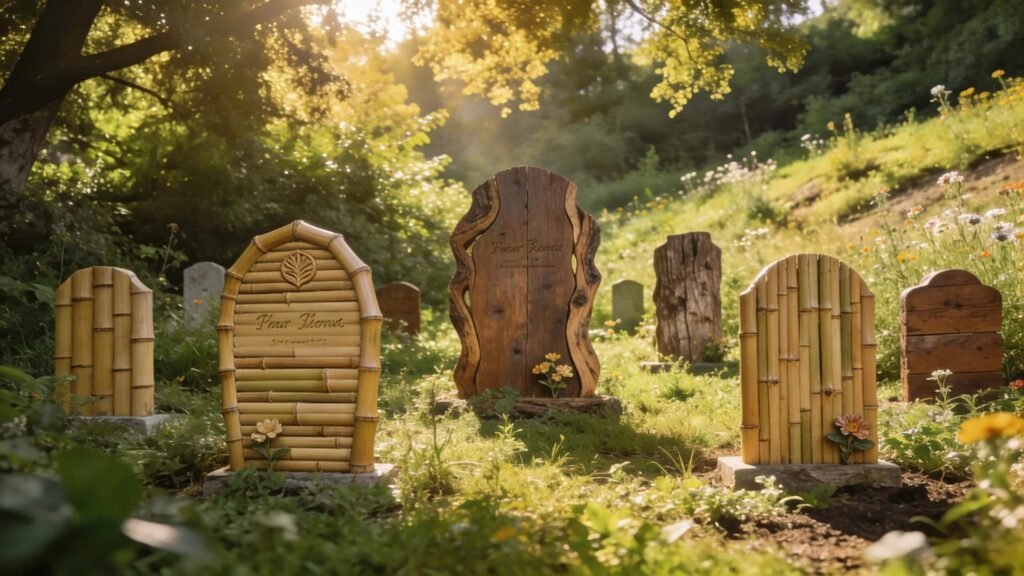 Eco-friendly grave markers made from natural materials set in a peaceful green landscape