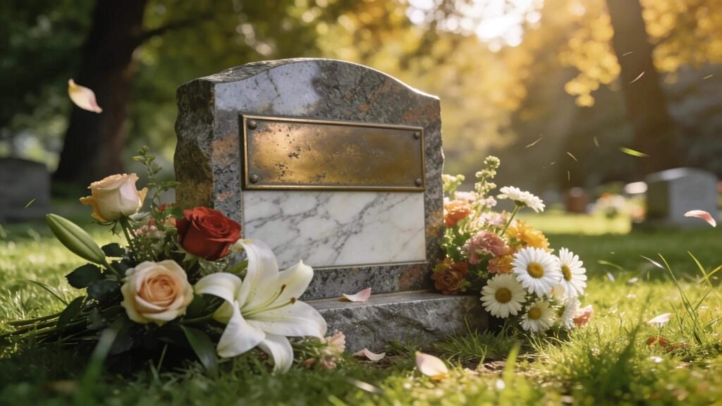 Grave markers made from granite, bronze, and marble in a serene outdoor cemetery setting