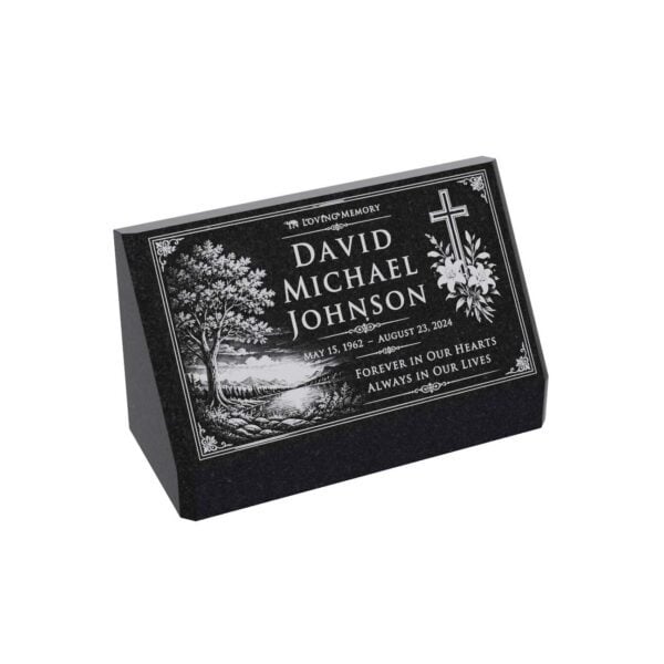 Cross & Landscape Slant Granite Headstone