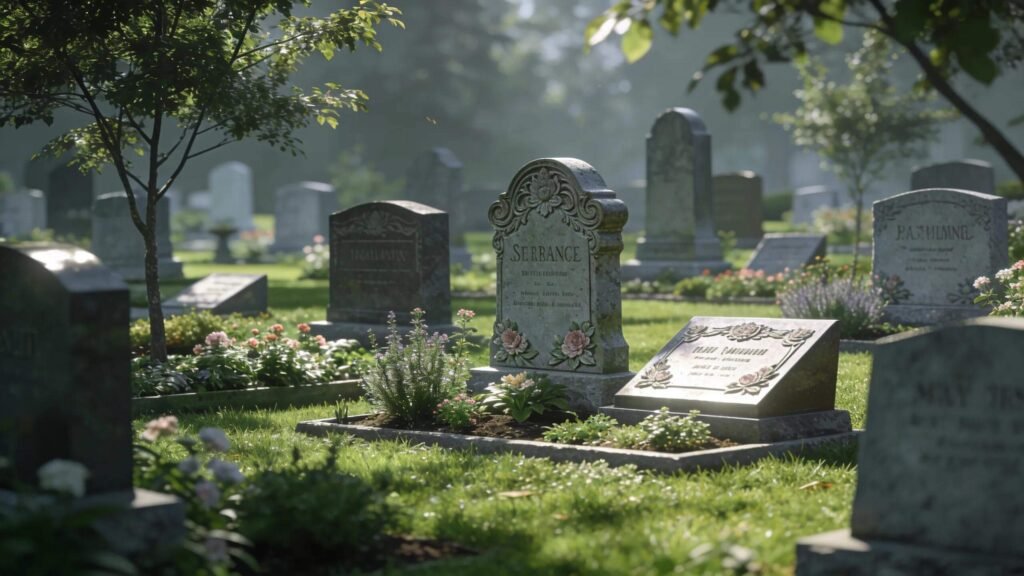 Various types of grave markers in a serene cemetery setting, depicting memorialization options