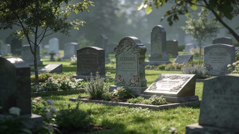 Various types of grave markers in a serene cemetery setting, depicting memorialization options