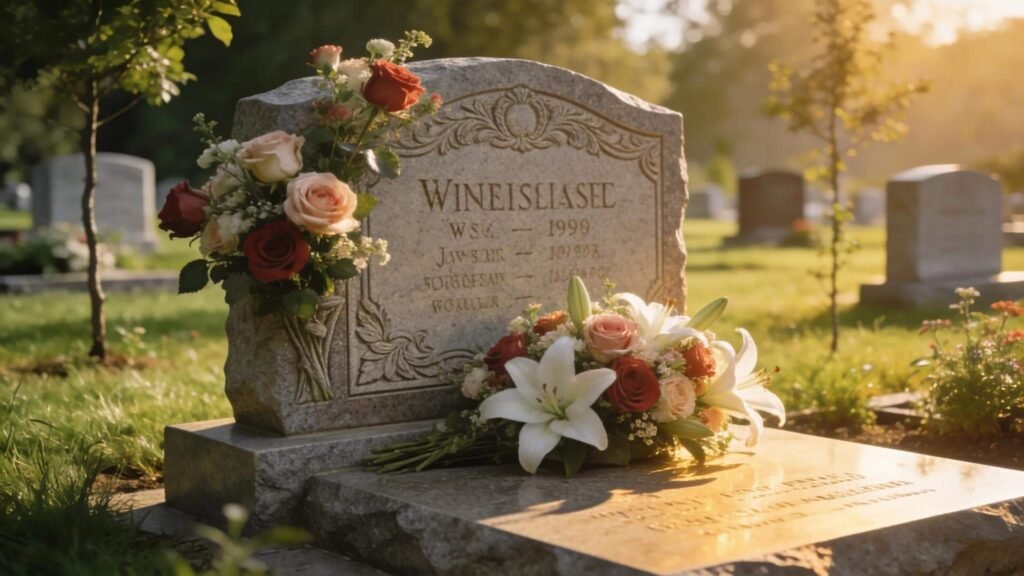 Custom grave marker designed to honor loved ones in a tranquil cemetery environment