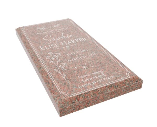 sl01.18356 Forever in Our Hearts Floral Granite Ledger Grave Marker - Image 1