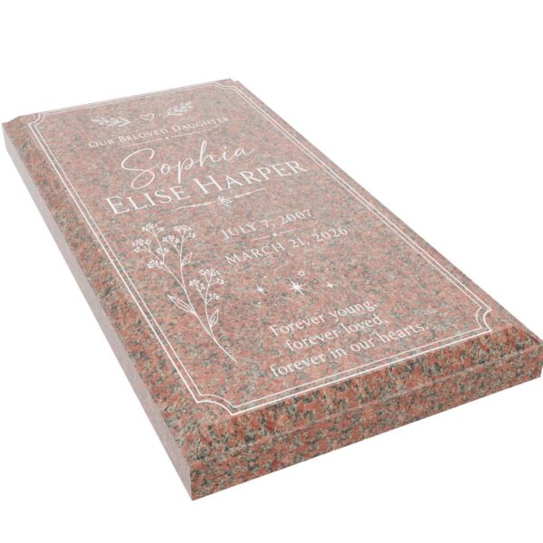 Forever in Our Hearts Floral Granite Ledger Grave Marker